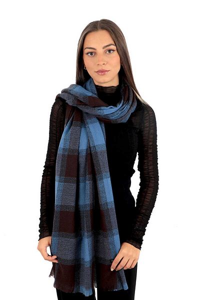 Bursa İpek Indigo Brown Plaid Pattern Winter Shawl