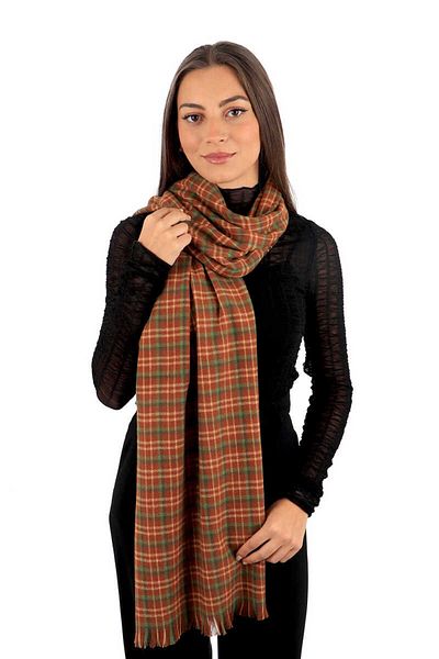 Bursa İpek Tan Green Plaid Pattern Winter Shawl