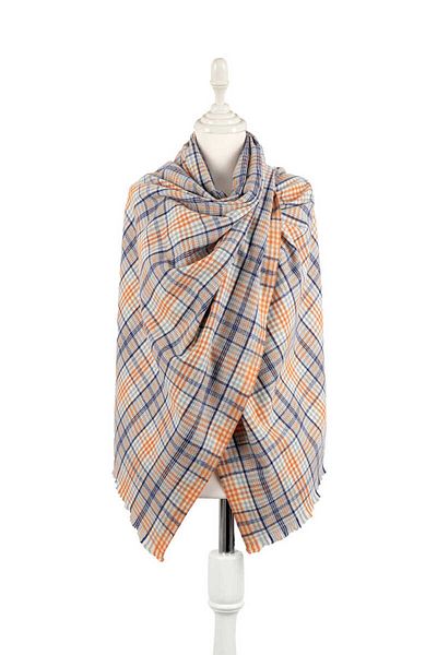 Bursa İpek Gray Navy Blue Plaid Pattern Winter Shawl