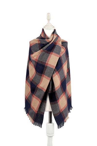 Bursa İpek Beige Navy Blue Plaid Pattern Winter Shawl