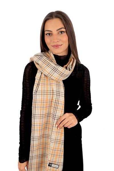 Bursa İpek Gold Cream Plaid Pattern Winter Shawl