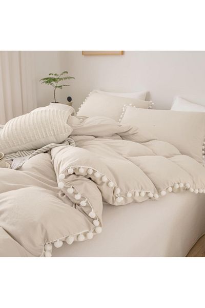 eyma home Σετ κλινοσκεπασμάτων από 100% βαμβακερό pompon 4 τεμαχίων