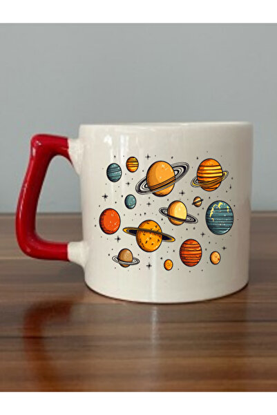 lili hediyelik كوب بمقبض أحمر مع صورة الكواكب - كوب هدية للشاي والقهوة من الس...