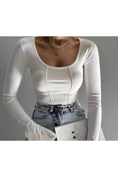 LULU LOOK Kurz geschnittene Bluse mit langen Ärmeln, quadratischem Ausschnitt und Volant-Rücken