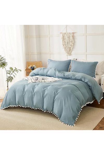 eyma home Set lenjerie de pat cu pompon 100% bumbac 4 piese