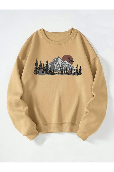 Ginevra Φούτερ Unisex Crew Neck Mountain Printed Oversize Loose Cut Fleece φούτερ