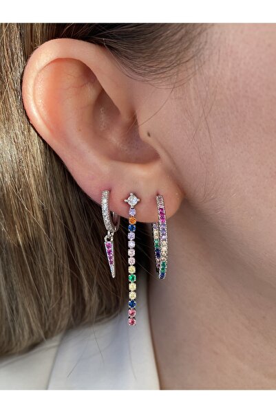 Pinery Jewels Büyük Halka Renkli Taşlı Sallantılı 3'lü Küpe Seti