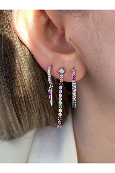 Pinery Jewels Büyük Halka Renkli Taşlı Sallantılı 3'lü Küpe Seti