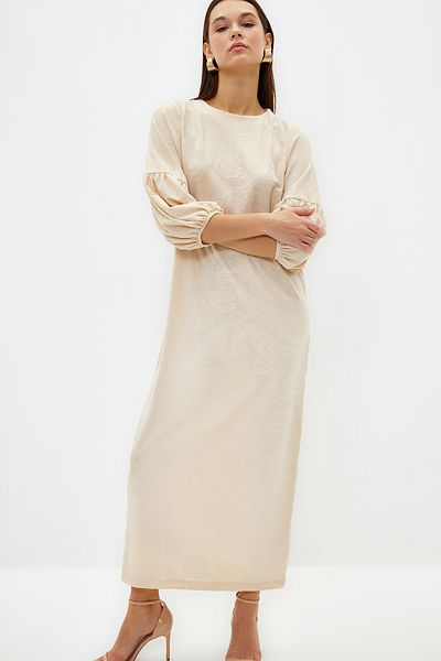 Trendyol Modest Floral print φόρεμα με μανίκια από μπαλόνι - Stone Self, TCTSS24DB00012