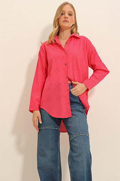 Trend Alaçatı Stili Women's Fuchsia Motif Oversize Linen Shirt ALC-X11288