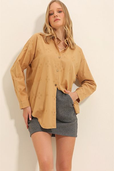 Trend Alaçatı Stili Cămașă oversize din in, cu motiv de biscuiți, ALC-X11288