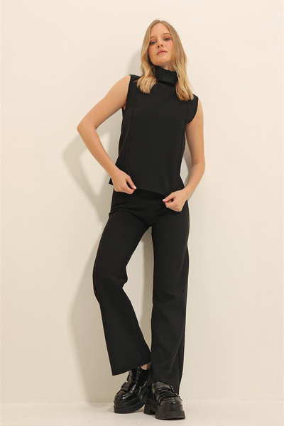 Trend Alaçatı Stili Women's Black Turtleneck Front Stitched Thessaloniki Knitted Knitwear Trousers Sweater Suit ALC-X11302