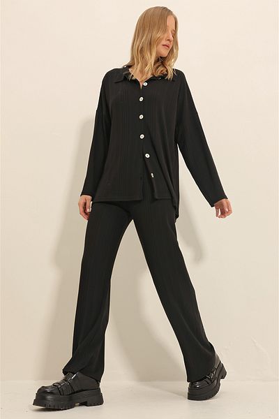 Trend Alaçatı Stili Women's Black Button-Front Knitwear Cardigan and Palazzo Trousers Double Suit ALC-X11323
