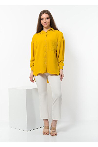 Nuseel قميص نسائي كبير الحجم بأزرار من قماش Aerobin باللون الأصفر
