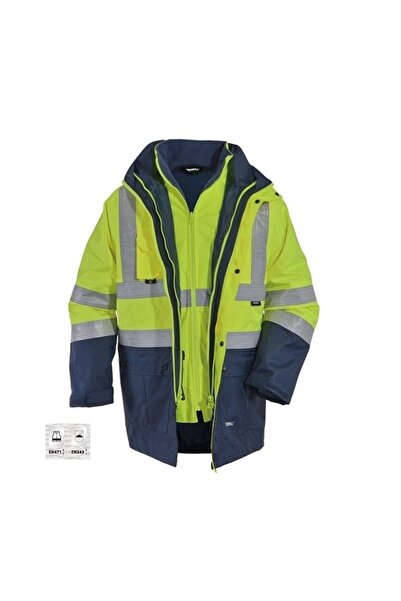 Frekans İş Güvenliği İş Kıyafetleri 5+1 Reflektörlü Kışlık Mont Parka İçi Çıkmalı Sarı Yerli Kaban İşçi Montu Mühendis Montu