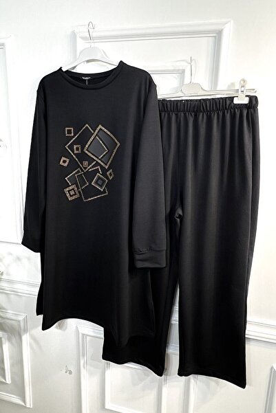 Aşkı Endam Plus Size Yasmin Leather Detailed Square Stone Two Thread Combed Cotton Double Set - Black