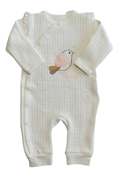 Bebitof Çaren Kids 100% Cotton Quilted Baby Jumpsuit with Bird Embroidery Snap Closure and Ruffle Tulle Detail