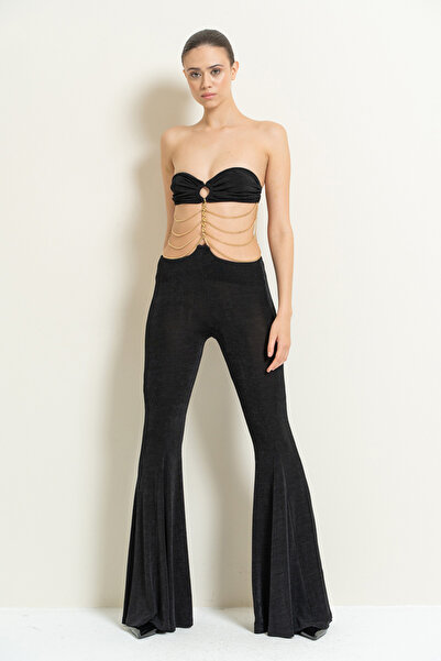 Kikiriki Black Chain Detailed Spanish Leg Jumpsuit