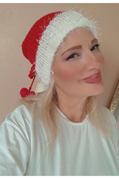 drt tasarım قبعة نسائية حمراء لعيد الميلاد بطبقة مزدوجة وتفاصيل من الفرو ABE.010