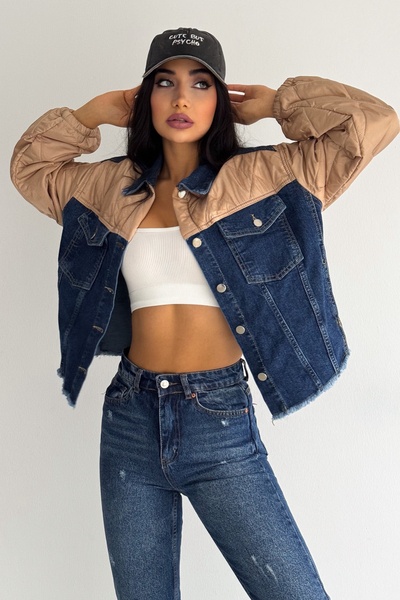 FEMELLE Beige Quilted Garnish - Denim Jeans Coat