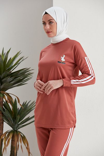 Defne Bahar Printed Stripe Detailed Double Hijab Set Onion Skin