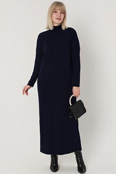 VEGENZE Γυναικείο μακρύ πλεκτό φόρεμα Navy Blue Stand γιακά