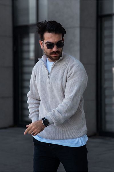 MADZEYMODA Ανδρικό πλεκτό πουλόβερ Selanik με μισό φερμουάρ πέτρα μπεζ