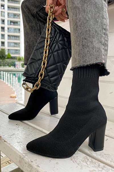 İmerShoes Günlük Kadın Bot Bootie Siyah Triko Kalın Yüksek Topuk Streç Çorap Şeritli Sivri Burun Ayakkabı 167