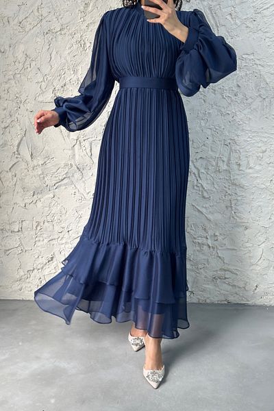 LEYUZE BUTİK Elegantní večerní šaty s hidžábem - námořnická modř Janjan šifon a plisované