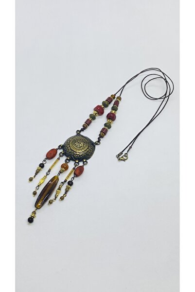 Porsuk Alternatif El yapımı etnik pirinç aparatlı cam boncuk uzun kolye