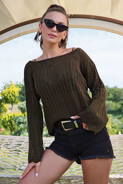 AQE FASHION Boat Neck Sleeve Ends Flounce Motif Detailed Sweater Khaki S