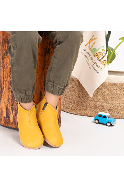 Kidata design Sarı Gerçek Deri Fermuarlı İçi Termal Astar Ortopedik Tabanlı Çocuk Panduf Kreş Okul İçin Ayakkabı