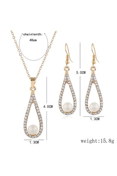 Girift Vintage Glisten Crystal Water Drop Necklace Earring Jewelry Set with Pearl Stone