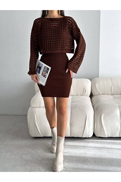 LOKADI Triko Delikli Kazak Elbise Takım