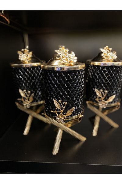 vanilya accessory Black crystal glass triple lux jar set gold