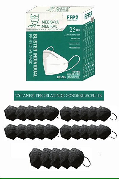 Medkaya 5 KATLI-SİYAH-FFP2 MASKE 25 ADET %98 BFE MEDKAYA MEDİKAL