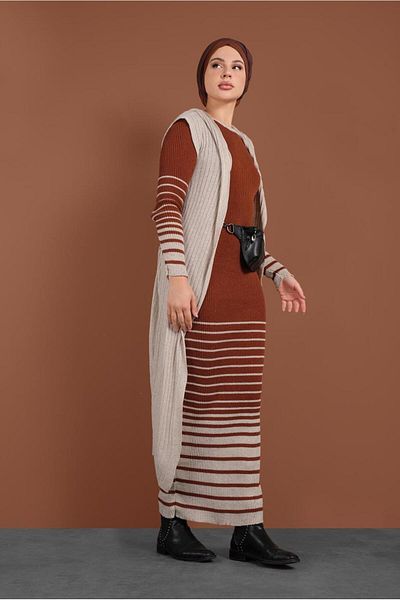 TRENDTESETTÜR Γυναικείο Μπεζ (ΜΠΕΖ-ΤΟΚΙ) Ριγέ Πλεκτό Γιλέκο Σετ 2424