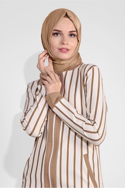 TRENDTESETTÜR Γυναικείο καφέ (CAMEL) ριγέ κοστούμι με φερμουάρ 2054