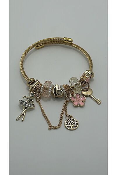 By Semra MODEL TAŞLI BALERİN VE PEMBE ÇİÇEK CHARM GOLD KELEPÇE BİLEKLİK