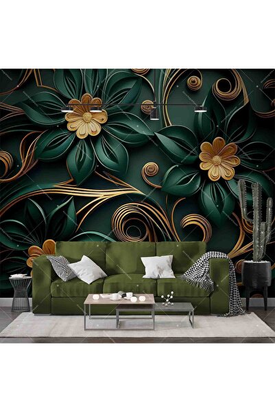 HD Gold Zümrüt Yeşili Yaprak Temalı Duvar Kağıdı