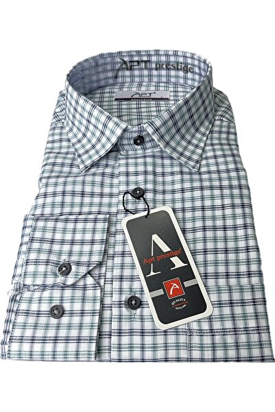 APT PRESTIGE Men's Blue Woven Small Square Patterns Decorated Plaid Long Sleeve Shirt