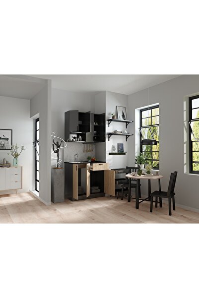 ESYAH Antrasit Gövde -Ahşap Detaylı Mutfak Dolabı Alt -Üst Modül