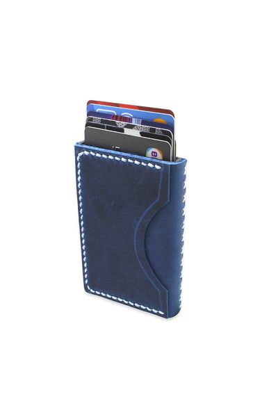 Tesbihane Minimal Design All Hand Stitched Blue Crazy Leather Mechanized Card Holder-Wallet