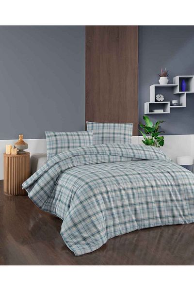 Menderes Home Cotton Collection Flannel R Double Duvet Cover Set Plaid Blue