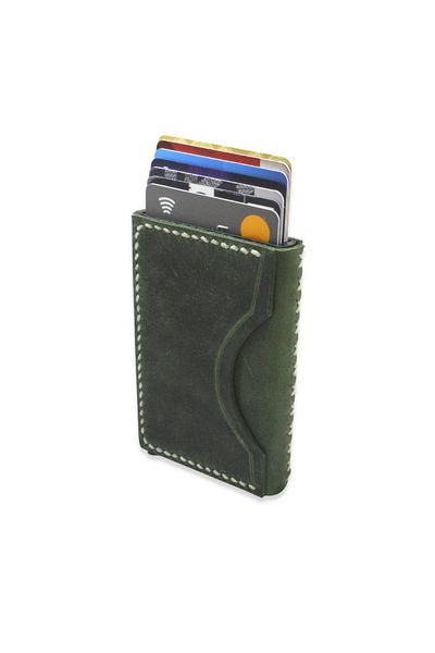 Tesbihane Minimal Design All Hand Stitched Green Crazy Leather Mechanical Card Holder-Wallet