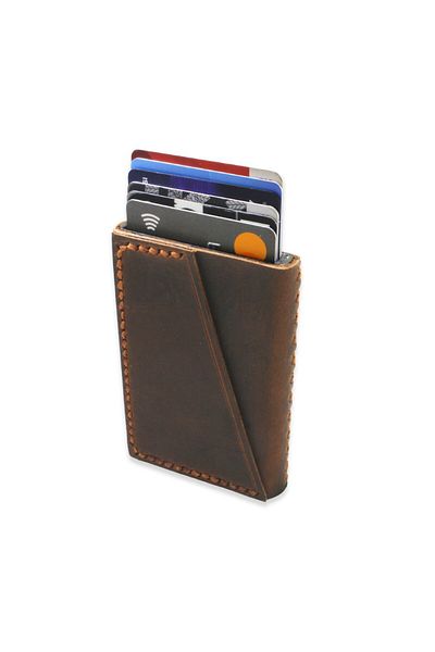 Tesbihane Cross Design All Hand Stitched Brown Crazy Leather Mechanical Card Holder-Wallet