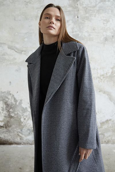 InStyle Simon Striped Pattern Belted Cashmere Coat - Gray