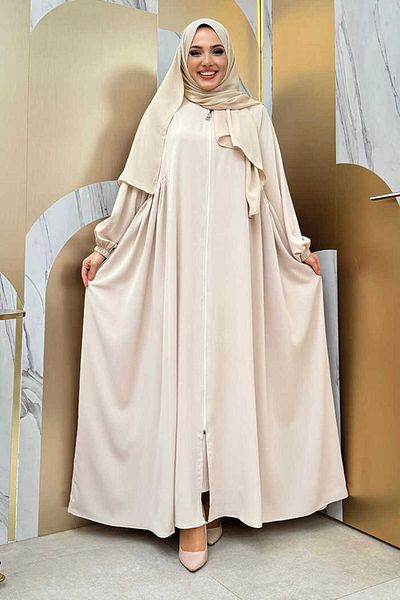 Bym Fashion Οβάλ μαζεμένες μανσέτες με ελαστικό φερμουάρ πλήρους μεγέθους Ferace Bym5 Μπεζ