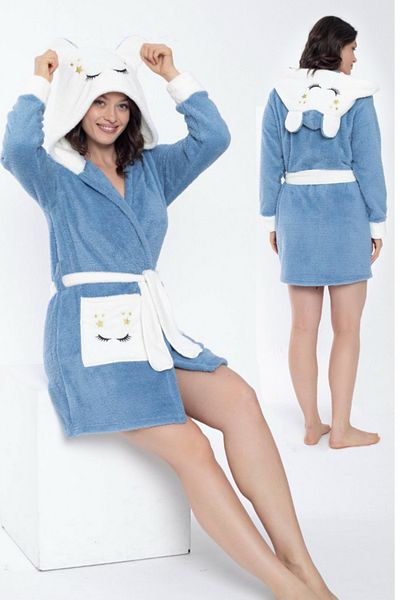 bigiyin Rochie de damă albastră Rochie de iarnă Halat de baie din țesătură fleece Rochie Wellsoft