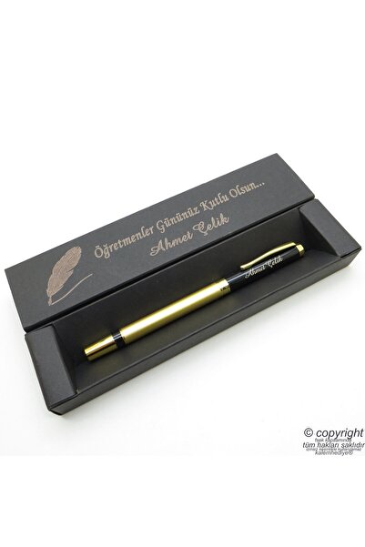 wings İsme Özel Slim Siyah Altın Metal Roller Kalem + İsme Özel Kutu (Öğretme...